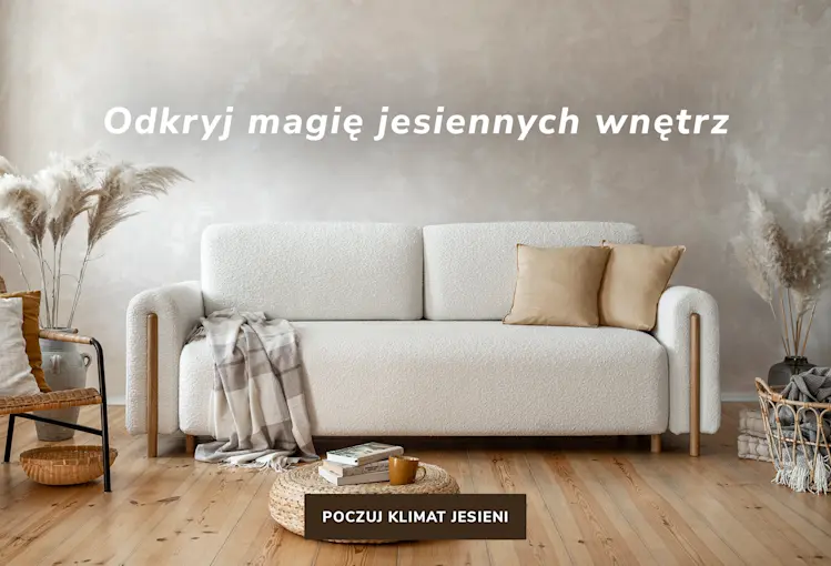 Sofa Arcadova | dąb w jesiennej aranżacji wnętrza w beżowych i kremowych tonacjach, z dekoracyjnymi poduszkami, kocem i dodatkami w stylu boho