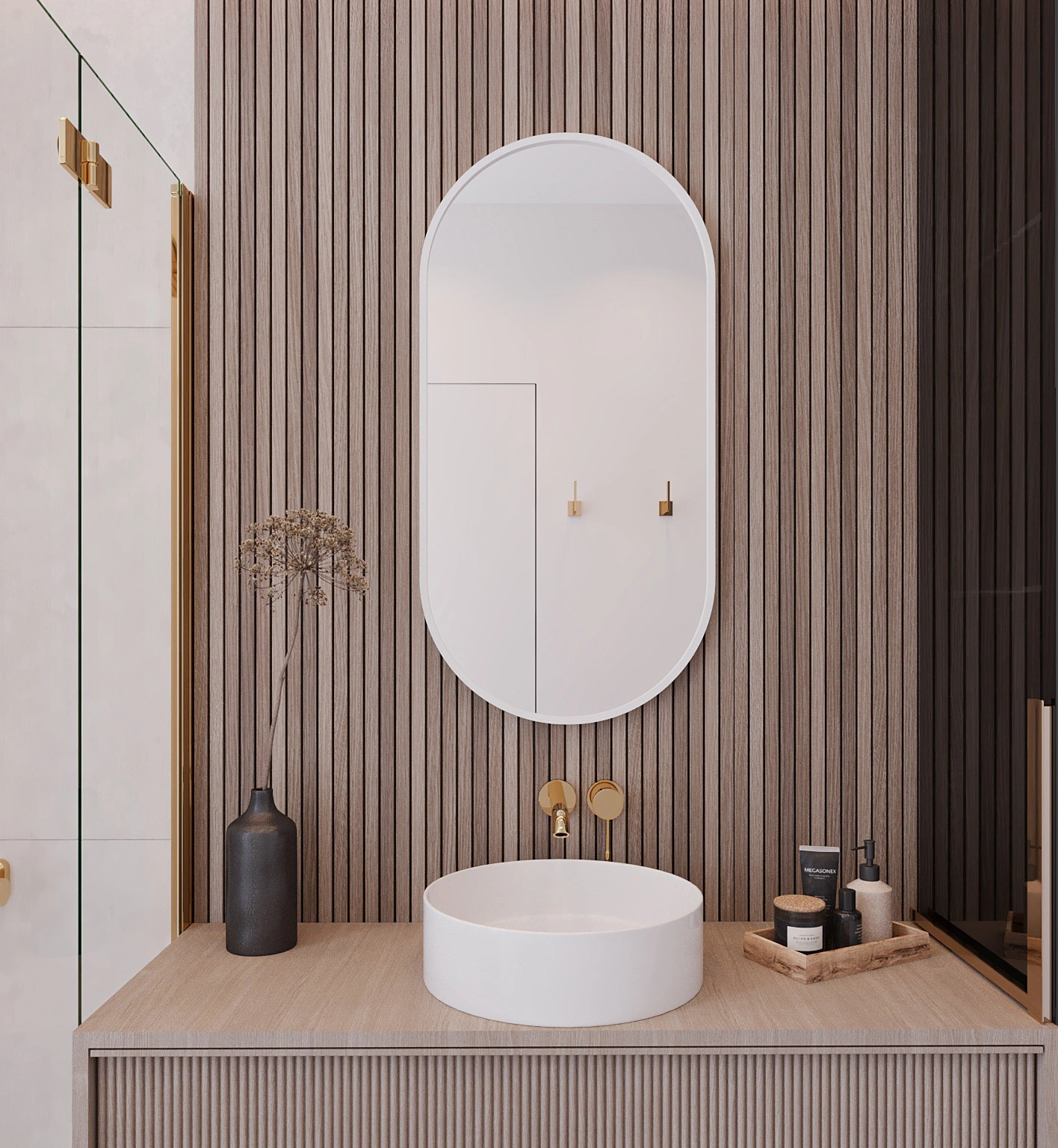 Inspiracja łazienkowa z owalnym lustrem nad umywalką nablatową. Drewniana szafka i ściana z lameli tworzą ciepły klimat, a złota armatura i dodatki podkreślają elegancki, nowoczesny styl wnętrza.