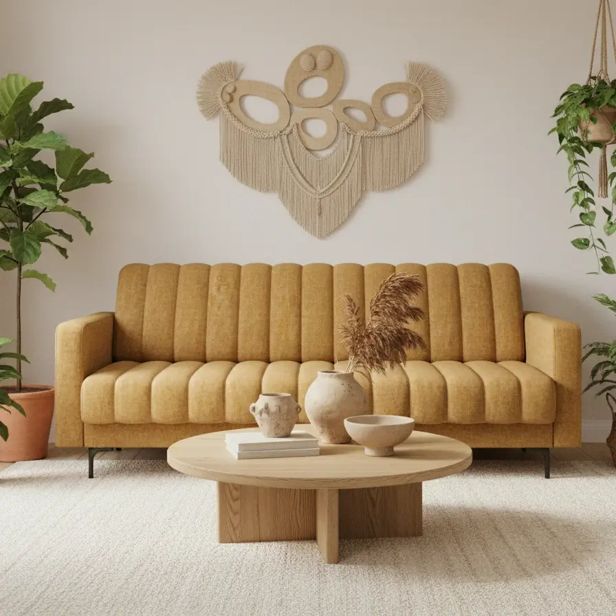 Wersalka Roneyy w tkaninie Manhattan 45 w jasnym, boho salonie z roślinami, drewnianym stolikiem i dekoracją ścienną z makramy.