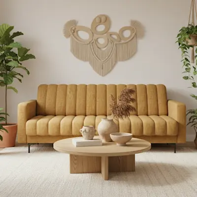 Wersalka Roneyy w tkaninie Manhattan 45 w jasnym, boho salonie z roślinami, drewnianym stolikiem i dekoracją ścienną z makramy.