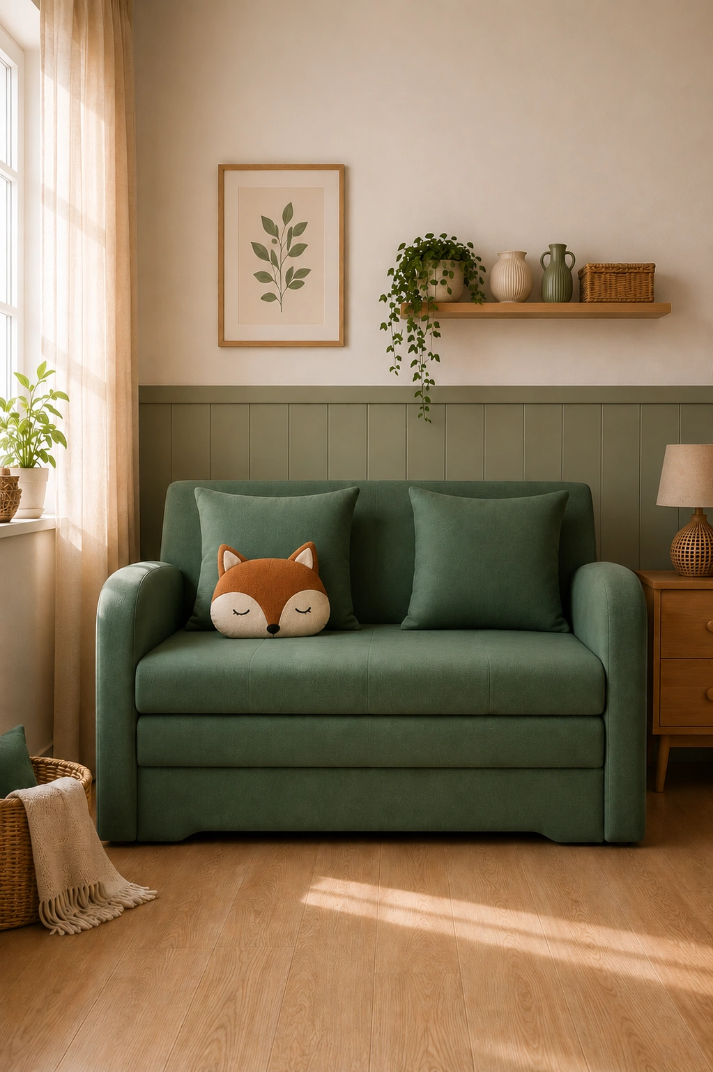 Zielona sofa Ario w pokoju dziecięcym urządzonym w naturalnych odcieniach. Mebel ozdobiono poduszkami i dekoracyjną poduszką w kształcie liska, tworząc przytulną przestrzeń do odpoczynku i zabawy.