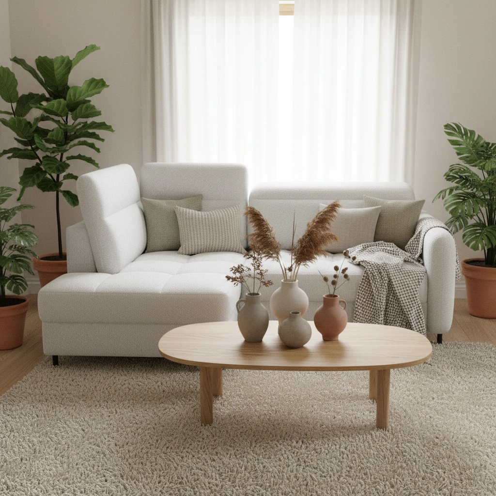 Mały salon w bloku, a w nim narożnik Barea w tkaninie Royal 01 w jasnym, naturalnym wystroju z roślinami, miękkim dywanem i drewnianym stolikiem dekorowanym wazonami.