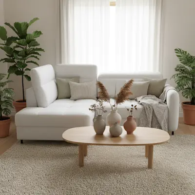 Mały salon w bloku, a w nim narożnik Barea w tkaninie Royal 01 w jasnym, naturalnym wystroju z roślinami, miękkim dywanem i drewnianym stolikiem dekorowanym wazonami.