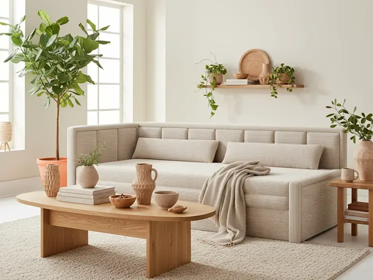 Jasna sofa Fulgeo Jarell 18 w minimalistycznym wnętrzu z beżowymi tkaninami, roślinami i drewnianym stolikiem kawowym.