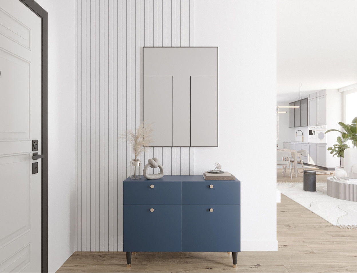 Nowoczesne lustro Tressedi wiszące w jasnym przedpokoju, zestawione z granatową komodą i subtelnymi dekoracjami, tworząc elegancką aranżację.
