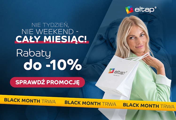 Promocja ELTAP Black Month – rabaty do -10%, nie tydzień, nie weekend, a cały miesiąc. Kobieta z torbą zakupową ELTAP
