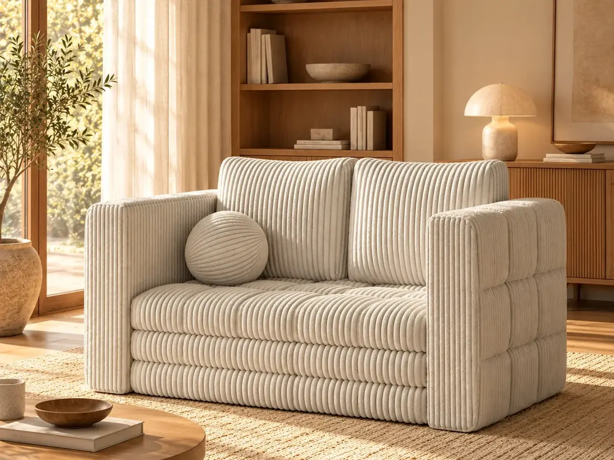 Jasnobeżowa kanapa Kastol z prążkowaną tapicerką w salonie soft cozy, z drewnianym regałem, jasnym dywanem i roślinami.