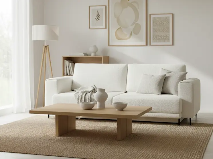 Biała kanapa Dalia w tkaninie Royal 01, zaprezentowana w jasnym salonie z naturalnymi dodatkami i spokojną, harmonijną aranżacją.