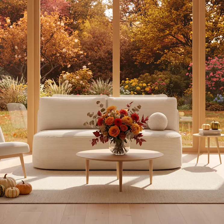 Sofa Liliana w kolorze kremowym prezentowana w nowoczesnym salonie pełnym naturalnego światła. Za meblem znajdują się panoramiczne okna wychodzące na zielony ogród, a całość dopełniają subtelne dekoracje kwiatowe.