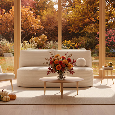 Sofa Liliana w kolorze kremowym prezentowana w nowoczesnym salonie pełnym naturalnego światła. Za meblem znajdują się panoramiczne okna wychodzące na zielony ogród, a całość dopełniają subtelne dekoracje kwiatowe.
