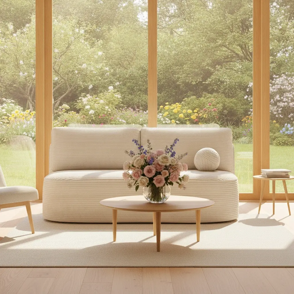 Sofa Liliana w kolorze kremowym prezentowana w nowoczesnym salonie pełnym naturalnego światła. Za meblem znajdują się panoramiczne okna wychodzące na zielony ogród, a całość dopełniają subtelne dekoracje kwiatowe.