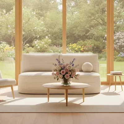 Sofa Liliana w kolorze kremowym prezentowana w nowoczesnym salonie pełnym naturalnego światła. Za meblem znajdują się panoramiczne okna wychodzące na zielony ogród, a całość dopełniają subtelne dekoracje kwiatowe.