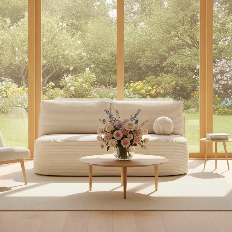 Sofa Liliana w kolorze kremowym prezentowana w nowoczesnym salonie pełnym naturalnego światła. Za meblem znajdują się panoramiczne okna wychodzące na zielony ogród, a całość dopełniają subtelne dekoracje kwiatowe.