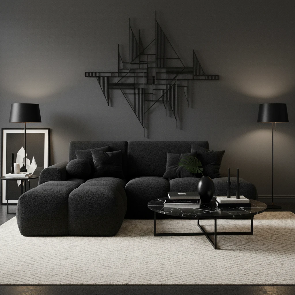 Nowoczesna aranżacja salonu z narożnikiem Vitario Royal 05 w ciemnej tkaninie, czarnymi dodatkami i geometryczną dekoracją na ścianie.
