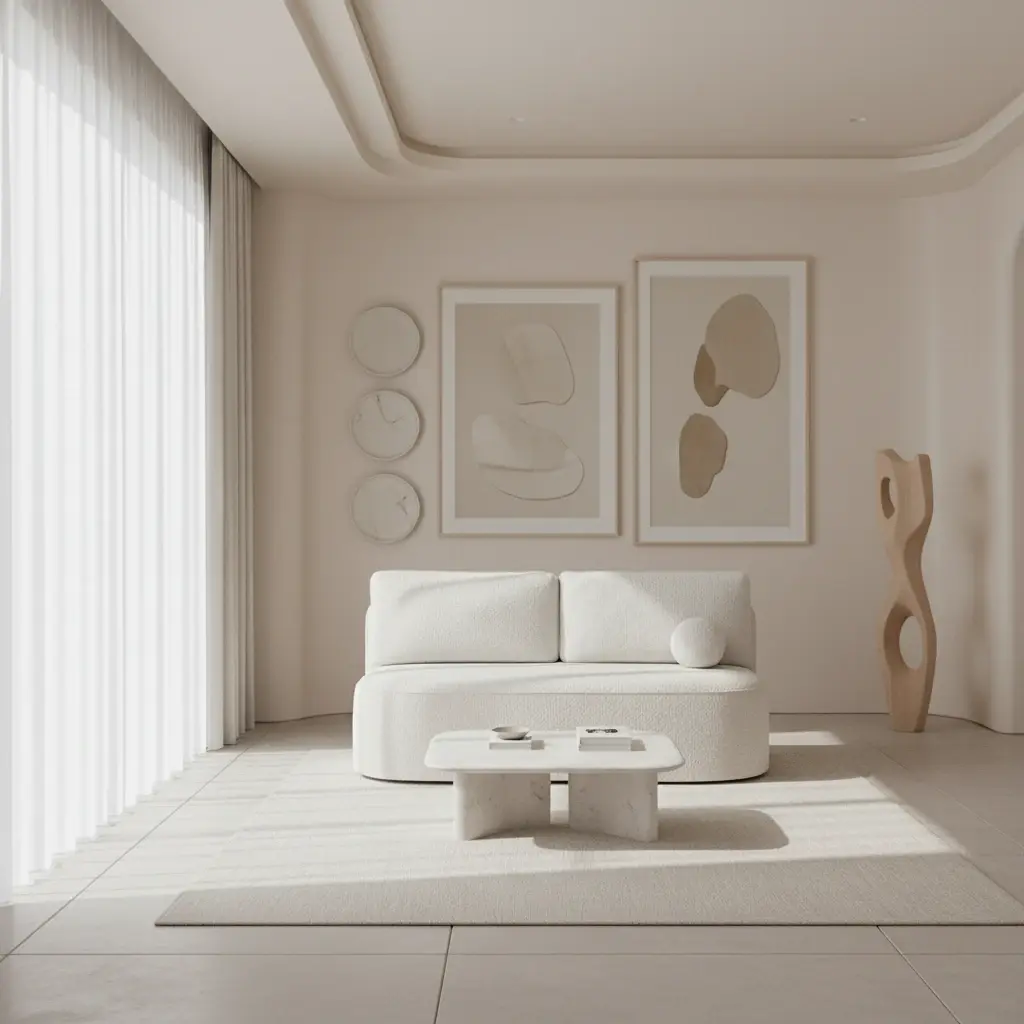 Biała kanapa Lilana w tkaninie Royal 01, ustawiona w jasnym, minimalistycznym salonie z miękkim światłem i stonowanymi dodatkami.