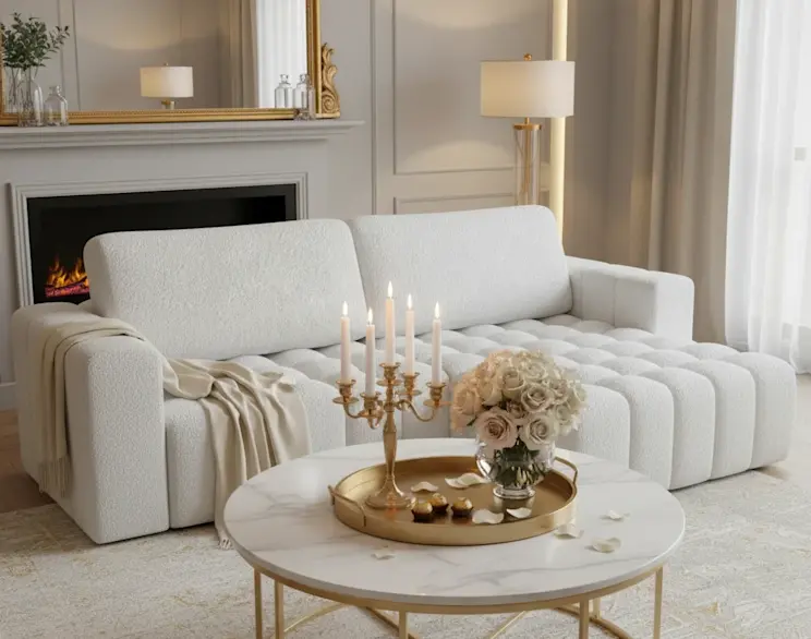 Jasny narożnik Bonett w eleganckim salonie z kominkiem i złotymi dodatkami. Na marmurowym stoliku stoi świecznik oraz bukiet jasnych róż, a całość tworzy przytulną i stylową aranżację wnętrza.