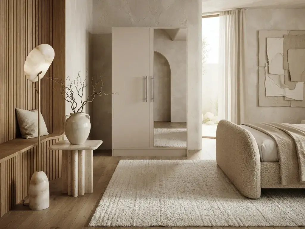 Szafa Alarica w kolorze kaszmir z lustrem na froncie została ustawiona w nowoczesnej sypialni. Jasne wykończenie i minimalistyczna forma nadają wnętrzu elegancki charakter.