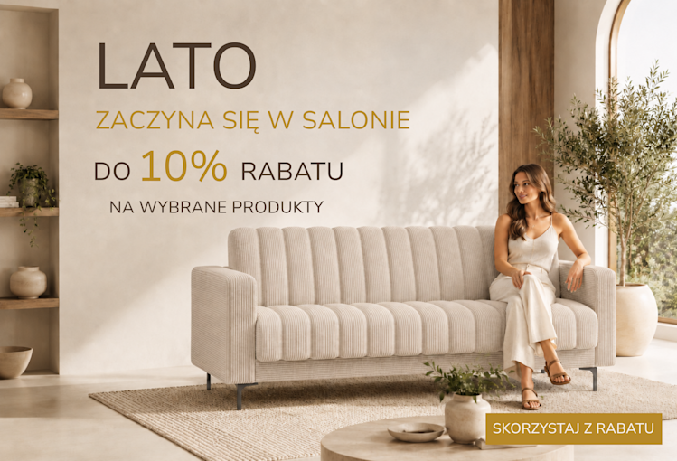 Baner letniej promocji ELTAP z beżową sofą w salonie, rabatem do 10% na wybrane produkty i przyciskiem CTA