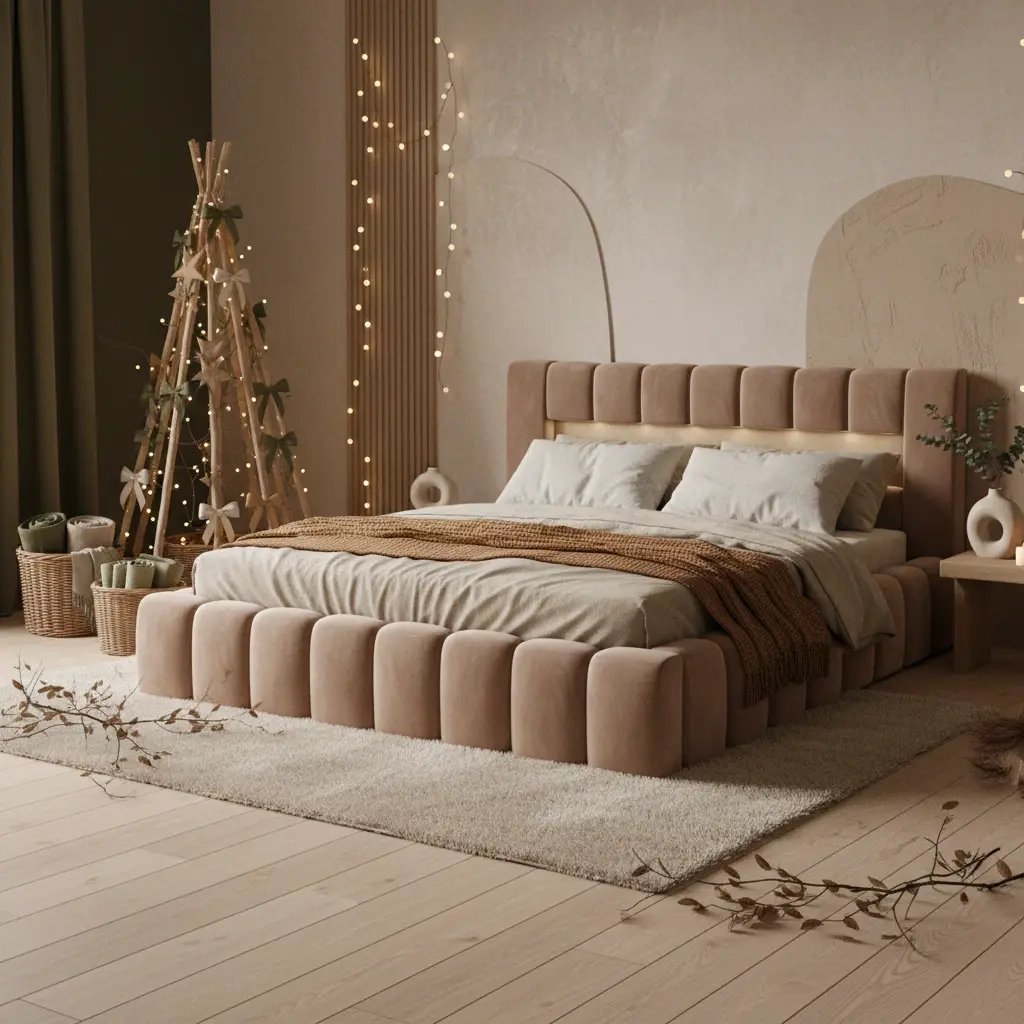 Łóżko Lamica w tkaninie Monolith 09 w naturalnej, świątecznej aranżacji sypialni z drewnianą choinką i ciepłym oświetleniem, tworzące przytulny nastrój.