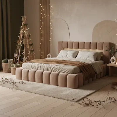 Łóżko Lamica w tkaninie Monolith 09 w naturalnej, świątecznej aranżacji sypialni z drewnianą choinką i ciepłym oświetleniem, tworzące przytulny nastrój.