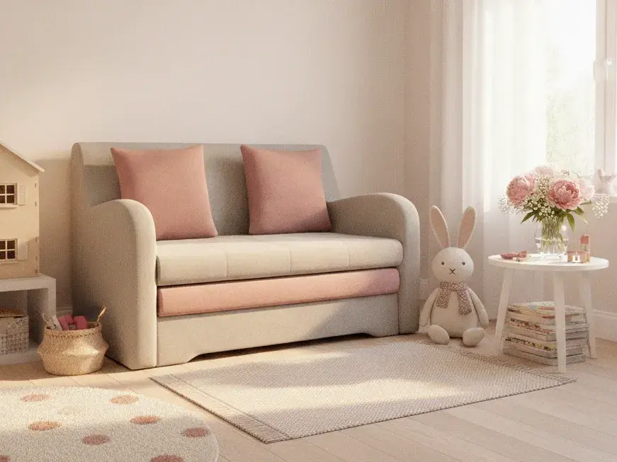 Rozkładana sofa Ario w odcieniu jasnej szarości i pudrowego różu zaaranżowana w pokoju dziewczynki. Kompaktowa forma, wygodne poduszki oraz delikatna kolorystyka doskonale wpisują się w nowoczesne wnętrza dziecięce.