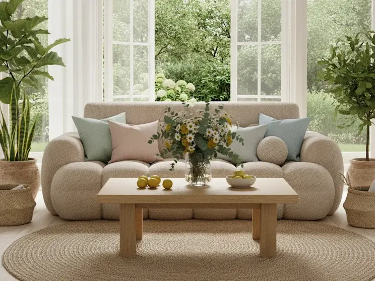 Nowoczesna sofa Cotonn Calmora 18 w jasnobeżowym kolorze prezentowana w eleganckim wnętrzu z okrągłym jutowym dywanem i drewnianym stolikiem kawowym. Miękkie linie mebla podkreślają przytulny charakter aranżacji salonu.