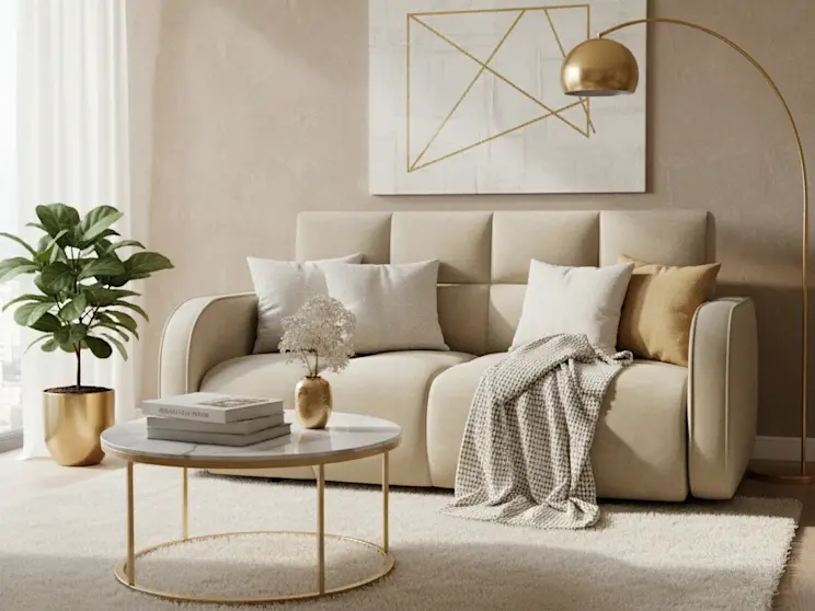 Amerykanka Deverio Aura 18 w eleganckim, beżowym salonie z złotymi detalami, miękkimi poduszkami i nowoczesną dekoracją ścienną, tworząca ciepły klimat.