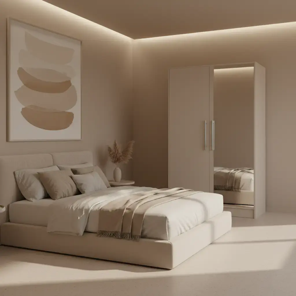 Szafa Alarica II w kolorze kaszmir z lustrem w ciepłej, beżowej sypialni z tapicerowanym łóżkiem, subtelnym oświetleniem LED i minimalistycznymi dekoracjami. Lustro odbija światło i optycznie powiększa przestrzeń.