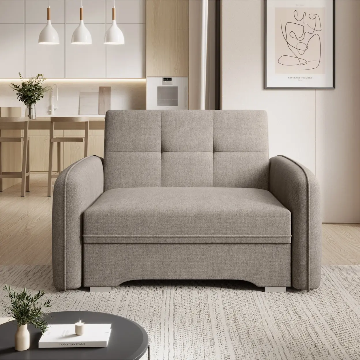 Kanapa Laine 1-osobowa w jasnej aranżacji salonu. Tapicerowana forma i kompaktowy rozmiar idealnie sprawdzają się w małych wnętrzach.