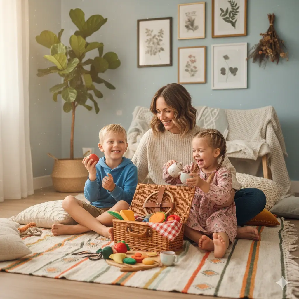 Mama z dwójką dzieci bawi się na dywanie w jasnym salonie z roślinami i naturalnymi dodatkami, tworząc ciepłą, rodzinną atmosferę.