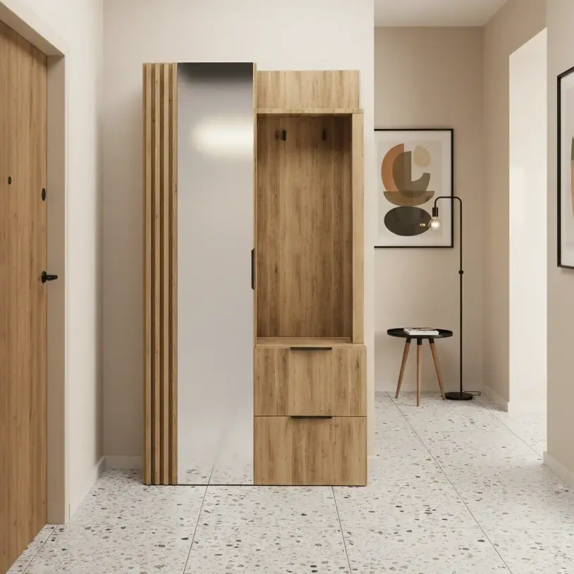 Garderoba Riganni w dekorze dębu z dużym lustrem i lamelami, idealna do przedpokoju. Zestaw ma panel z wieszakami oraz dwie szafki na buty, dzięki czemu hol wygląda schludnie i jest wygodny na co dzień.