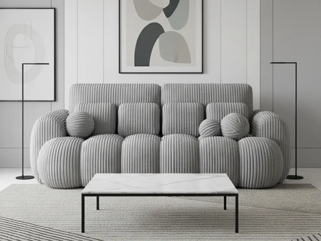 Kanapa Cotonn Modullo 03 w stylowej, monochromatycznej aranżacji z marmurowym stolikiem i dekoracjami w odcieniach szarości.