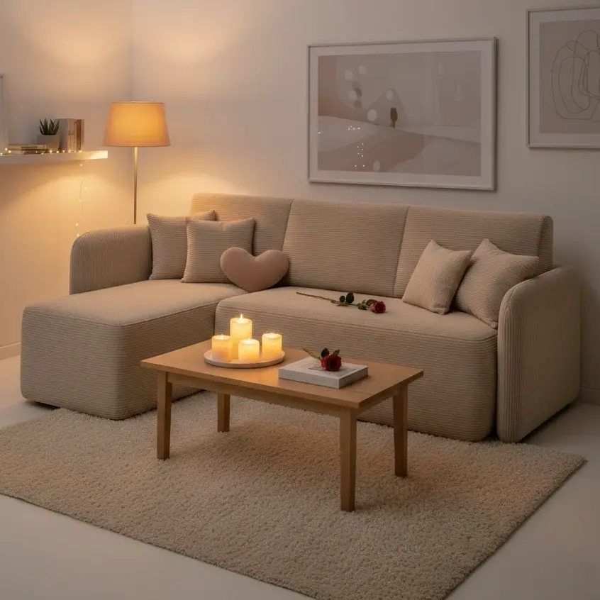 Beżowy narożnik Hadson w przytulnym salonie z ciepłym oświetleniem. Na stoliku stoją świece, a miękkie poduszki i dekoracje w neutralnych barwach tworzą spokojną przestrzeń do relaksu dla całej rodziny.