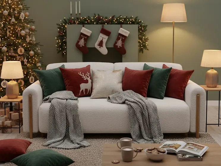 Kanapa Arcadova I Jaffray 18 w świątecznym salonie z choinką, skarpetami dekoracyjnymi i miękkimi poduszkami, tworząca ciepły, rodzinny klimat.