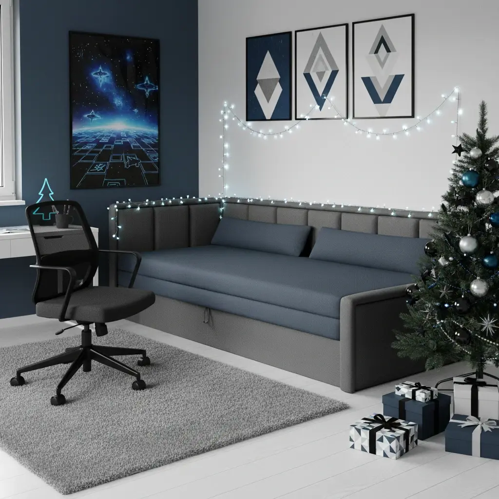 Nowoczesna kanapa Fulgeo w młodzieżowym pokoju z granatowymi dodatkami, świątecznymi lampkami i choinką, tworząca ciepły, zimowy klimat.