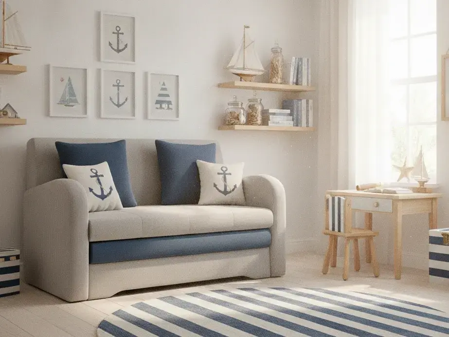 Sofa dziecięca Ario z granatowymi akcentami w jasnym wnętrzu z dekoracjami żeglarskimi. Obok mebla znajduje się drewniane biurko, półki z ozdobami oraz dodatki nawiązujące do morskich podróży, które podkreślają charakter aranżacji.