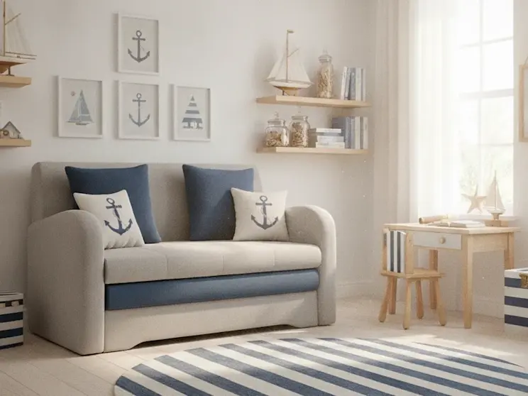 Sofa dziecięca Ario z granatowymi akcentami w jasnym wnętrzu z dekoracjami żeglarskimi. Obok mebla znajduje się drewniane biurko, półki z ozdobami oraz dodatki nawiązujące do morskich podróży, które podkreślają charakter aranżacji.