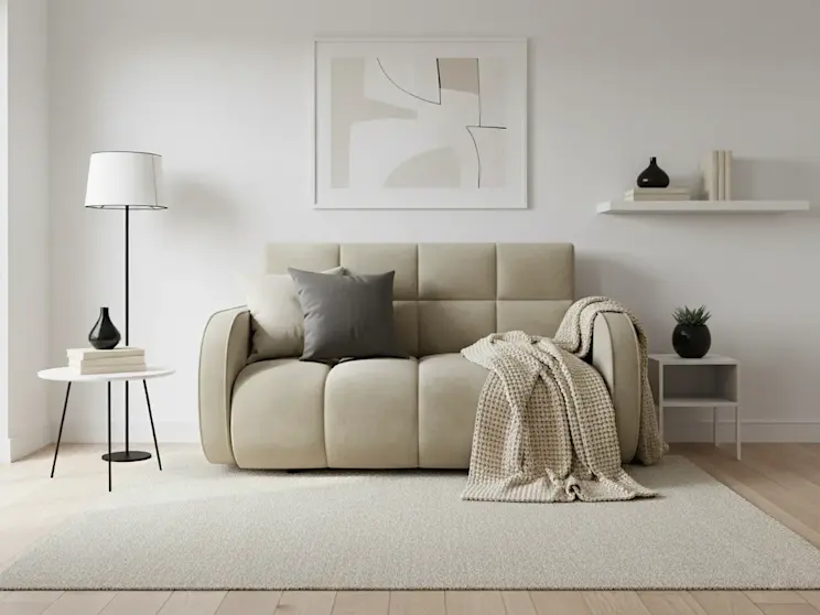 Kanapa Deverio Aura 18 w jasnym, minimalistycznym salonie z geometryczną dekoracją, lekkimi dodatkami i przytulnym dywanem, tworząca harmonijny klimat.