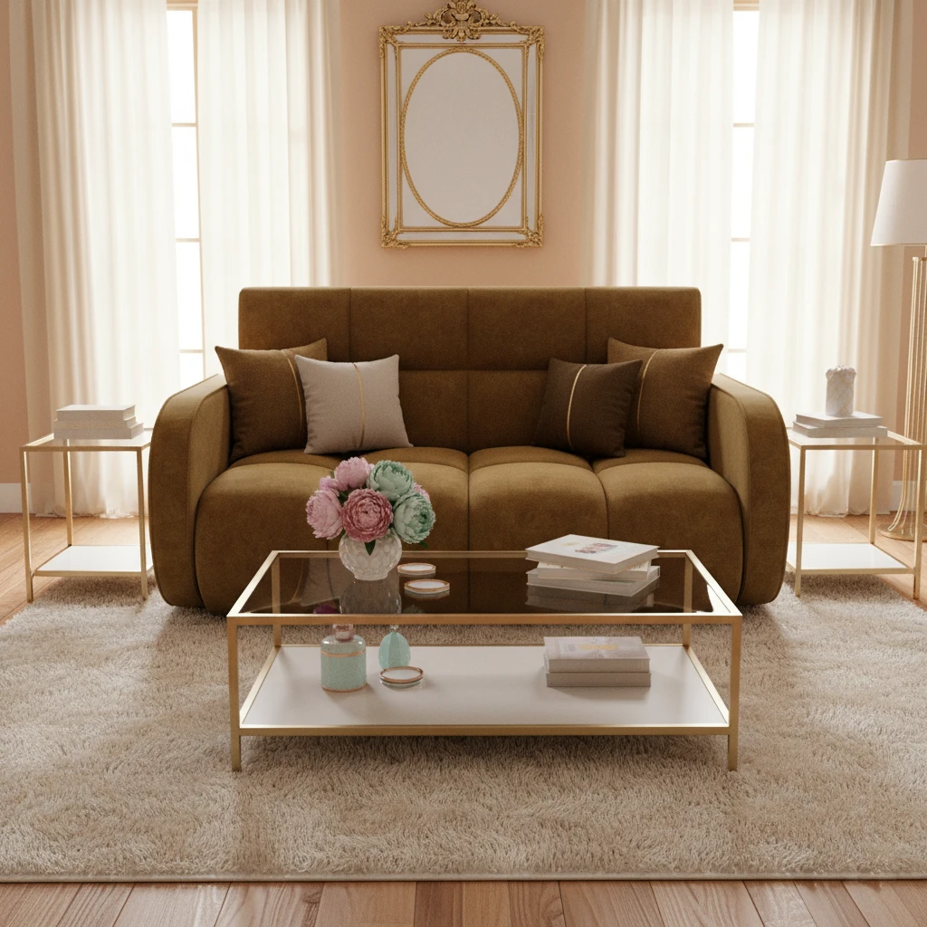 Amerykanka Deverio w tkaninie Aura 45 w eleganckim salonie z jasnymi zasłonami, złotymi akcentami i szklanym stolikiem kawowym.