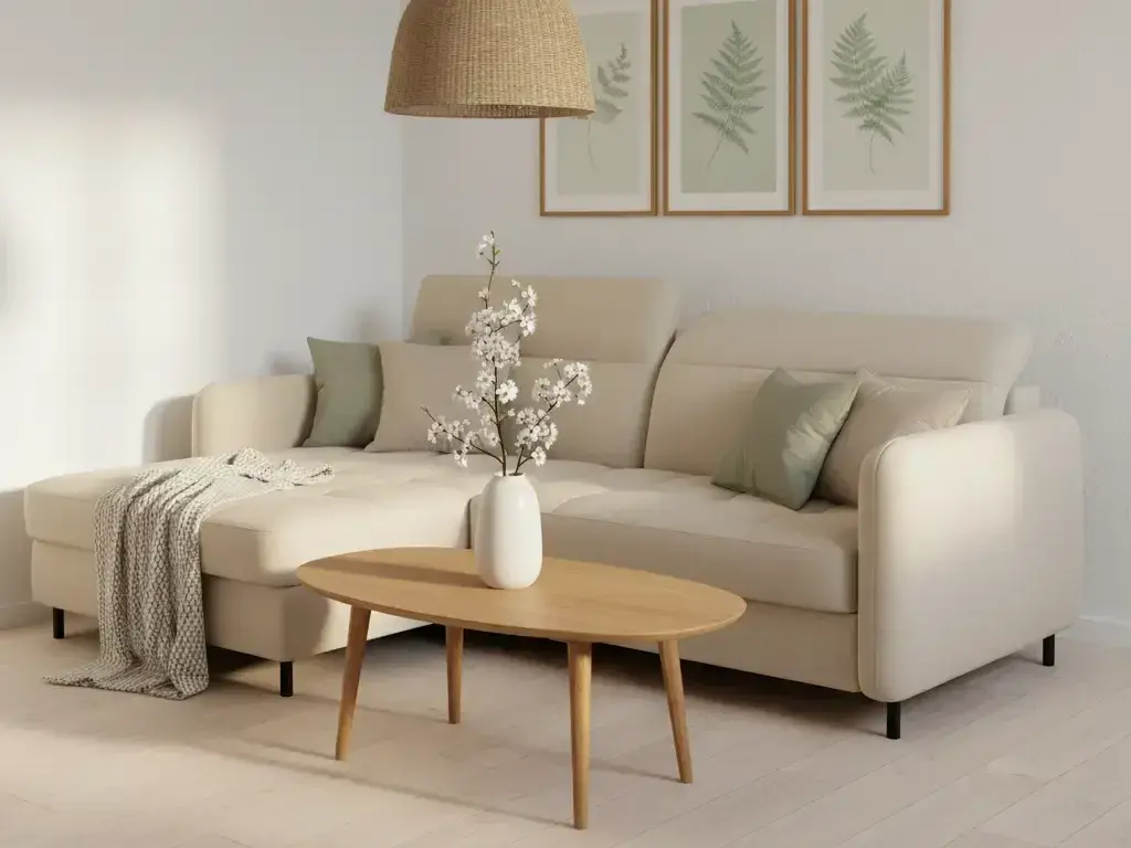 Jasny narożnik Gomsi Manhattan 18 w eleganckiej aranżacji salonu z dekoracyjnymi poduszkami, drewnianym stolikiem kawowym oraz subtelnymi grafikami na ścianie, tworzący spokojną i przytulną strefę wypoczynku.