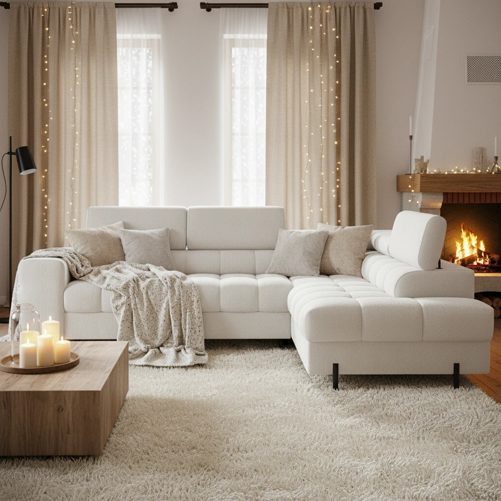 Przytulny salon z narożnikiem Ferucce w tkaninie Amore 01, miękkimi poduszkami i kominkiem, tworzący ciepłą, rodzinną atmosferę.