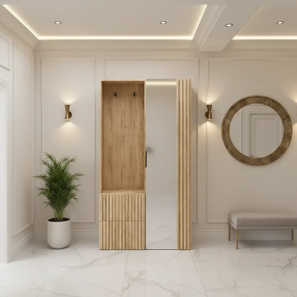 Elegancki przedpokój z garderobą Vimerio w dekorze drewna i lamelach, z dużym lustrem oraz panelem z wieszakami. Jasne ściany z dekoracyjnymi listwami, kinkiety i roślina tworzą uporządkowaną, reprezentacyjną strefę wejściową.