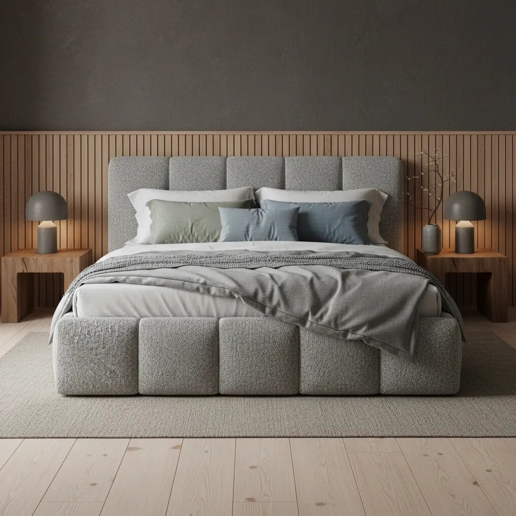 Szare łóżko Edvige w tkaninie Jaffray 04 to nowoczesne łóżko tapicerowane z miękkim zagłówkiem i minimalistycznym designem, które doskonale wpisuje się w spokojną, elegancką aranżację sypialni.