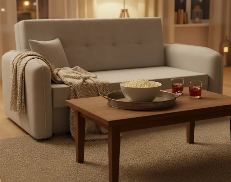 Kanapa Laine Poco 03 w jasnym beżowym kolorze ustawiona w salonie. Widać pled na podłokietniku oraz drewniany stolik kawowy z popcornem i napojami, co tworzy ciepłą, domową aranżację na wspólny seans.