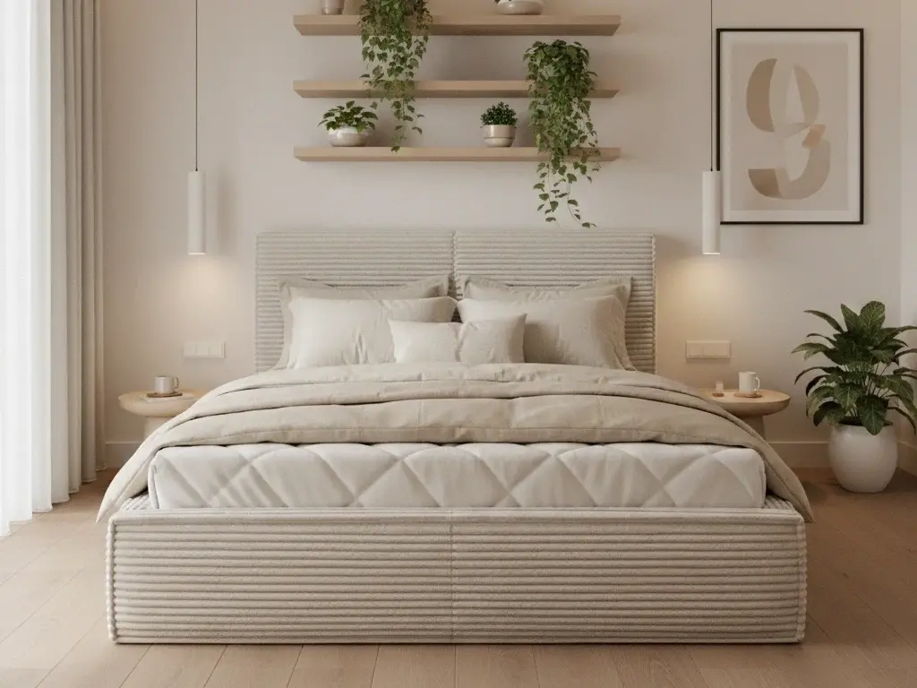 Łóżko Pesillo Modullo 01 w jasnej tapicerce pokazane na wprost, w spokojnej aranżacji sypialni. W tle widać półki z roślinami, obraz na ścianie oraz okrągłe stoliki nocne, które podkreślają nowoczesny, przytulny klimat wnętrza.