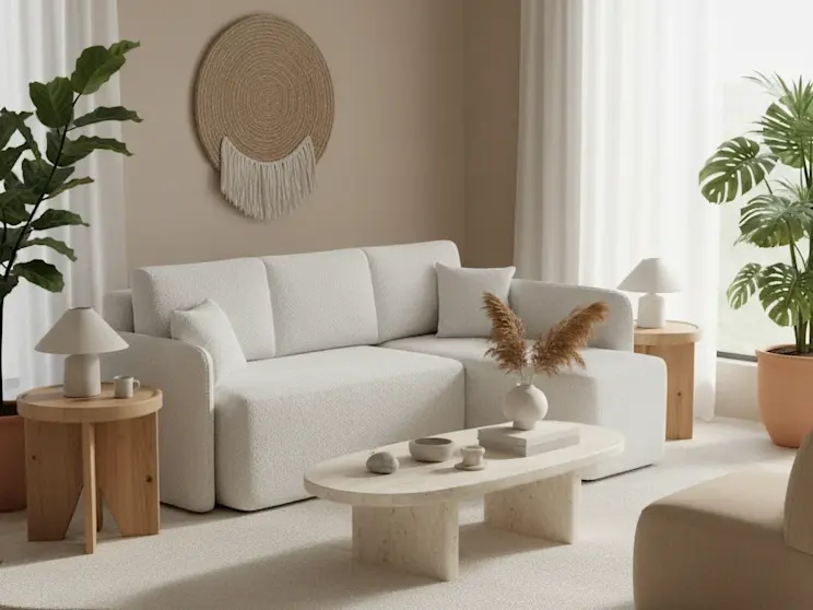 Biały narożnik Hadson w tkaninie Royal 01, zaprezentowany w jasnym, przytulnym salonie z naturalnymi dodatkami i miękkim światłem.