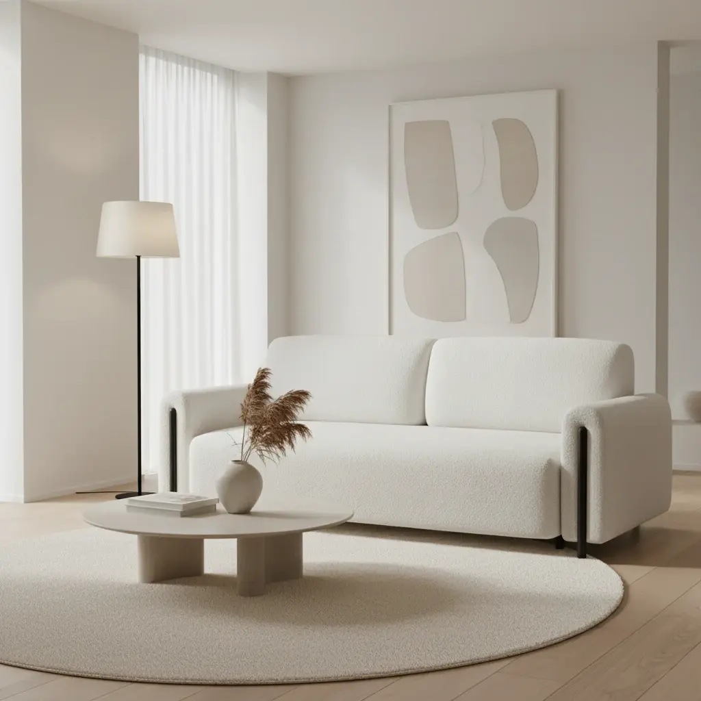 Biała kanapa Arcadova w tkaninie Jaffray 01, ustawiona w jasnym, minimalistycznym salonie z naturalnymi dodatkami i miękkim światłem.