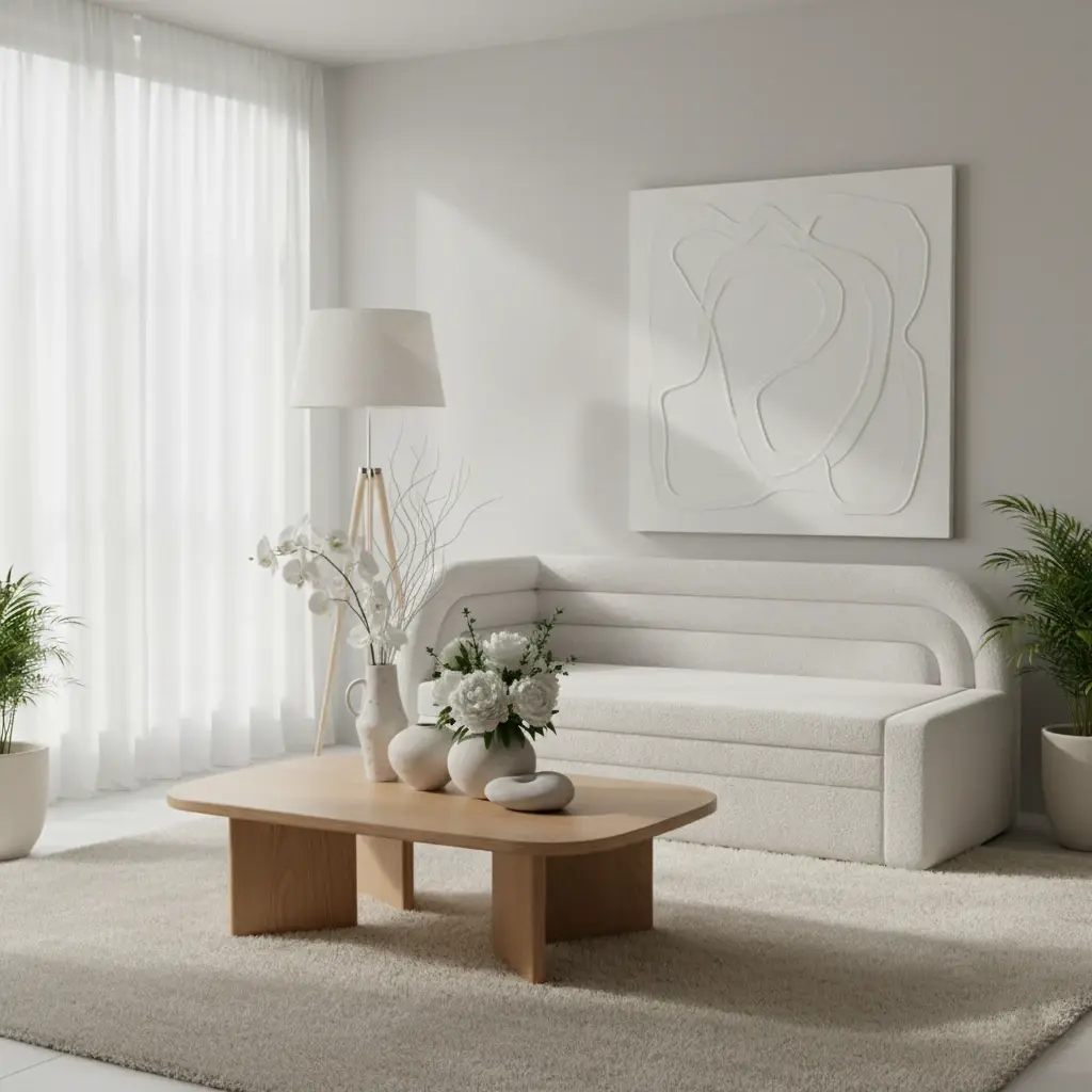 Nowoczesna biała kanapa Fabillo Royal w przytulnym wnętrzu salonu. Prosta forma mebla połączona z naturalnymi dekoracjami i jasną kolorystyką.