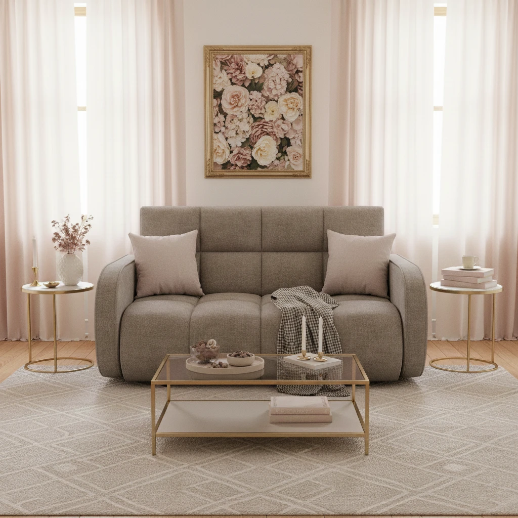 Amerykanka Deverio w tkaninie Poco 07 ustawiona w przytulnym salonie z pastelami, złotymi akcentami i subtelnym oświetleniem.