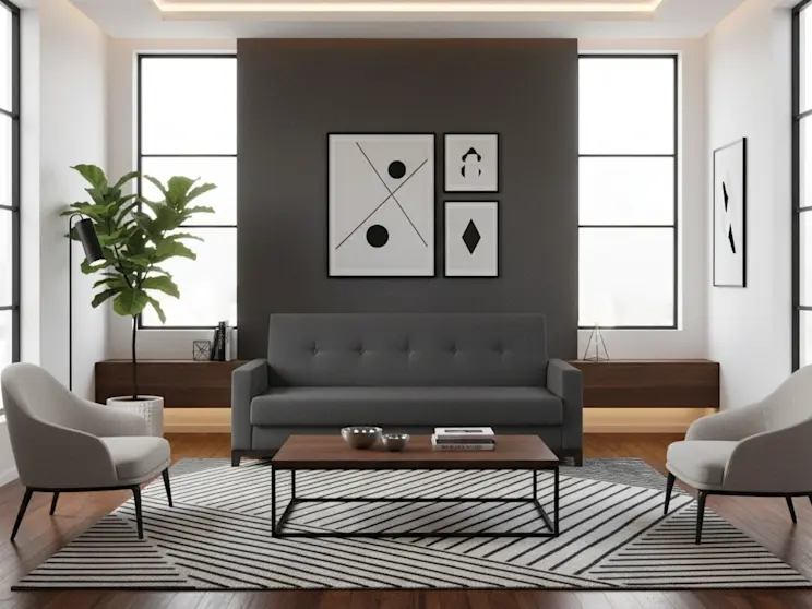 Minimalistyczna aranżacja salonu z kanapą Selene Sawana 14, czarno-białymi grafikami i drewnianą podłogą.